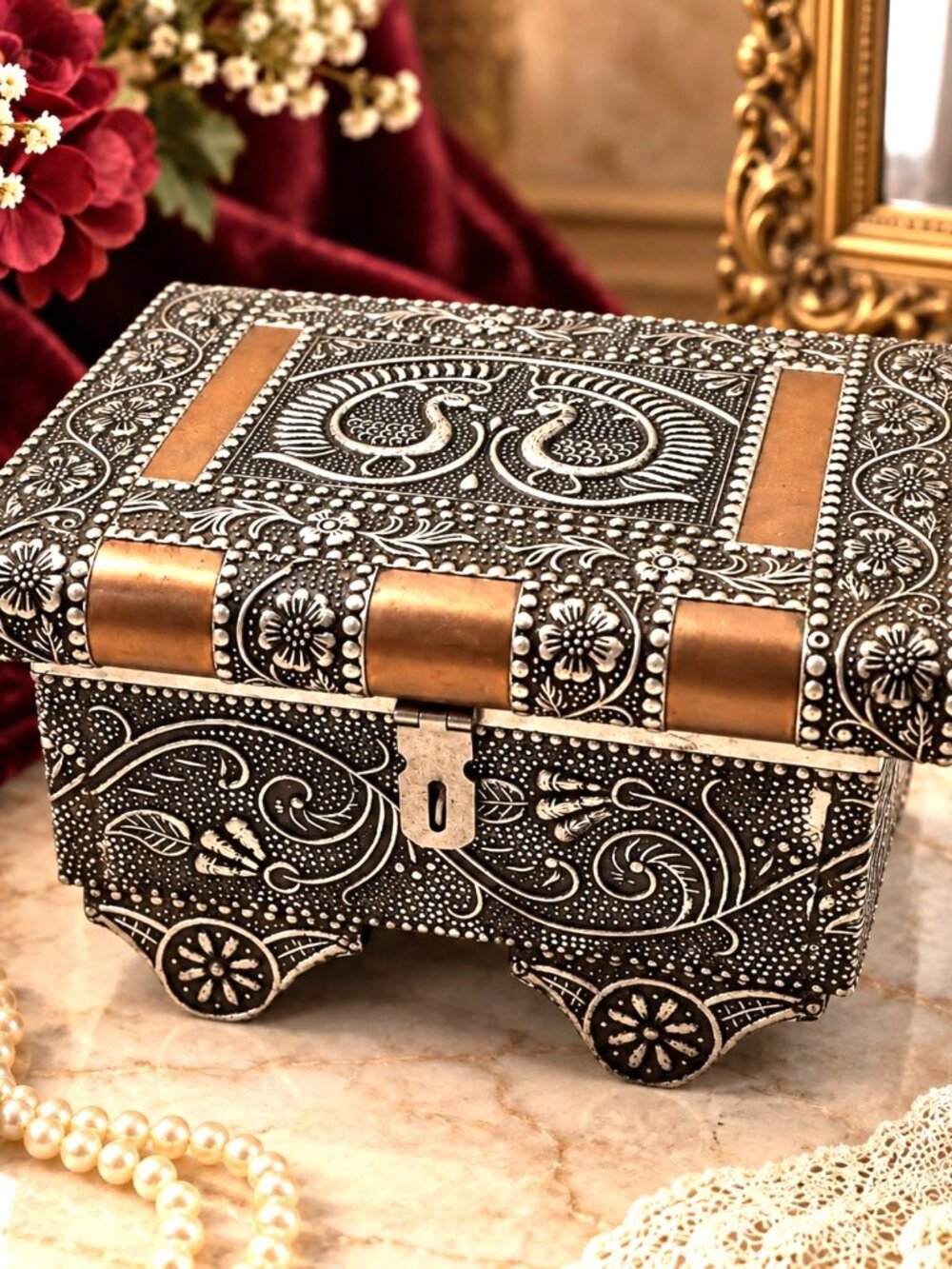 Vintage Indian Style Embossed Metal Jewelry Casket Peacock Floral Velvet Lined